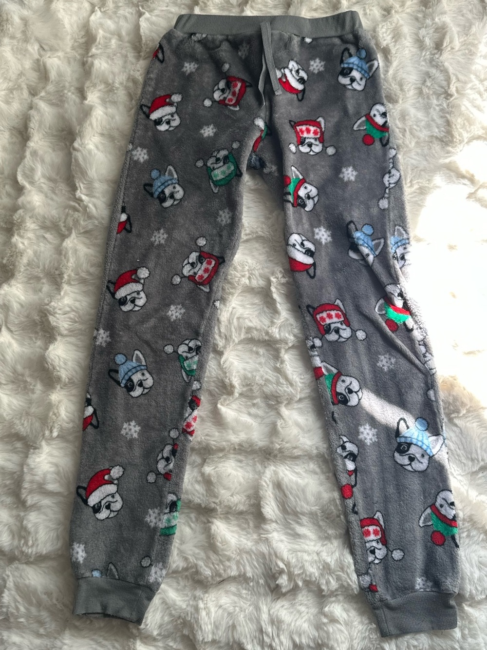 Dolls Christmas Bulldog Holiday Puppy Fleece Soft Lounge PJ Pants- Women’s